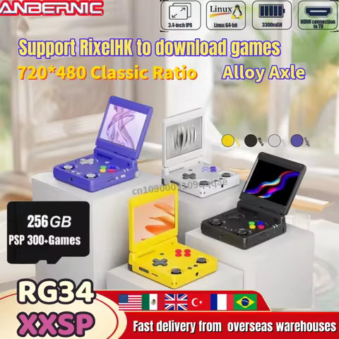 ANBERNIC RG34XXSP Flip Consoles de jogos portáteis 3.4 Polegada Tela IPS Sistema Linux 3300mAh WIFI Consoles de videogame 256G PSP 300Game