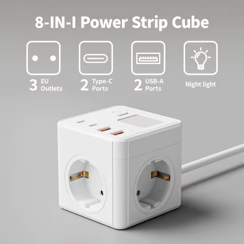 Tomada 8 em 1 com USB e Luz Noturna