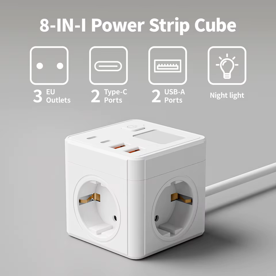 Tomada 8 em 1 com USB e Luz Noturna