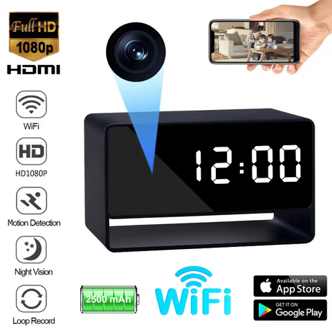 Câmera Mini Relógio de Alarme 1080p HD WiFi