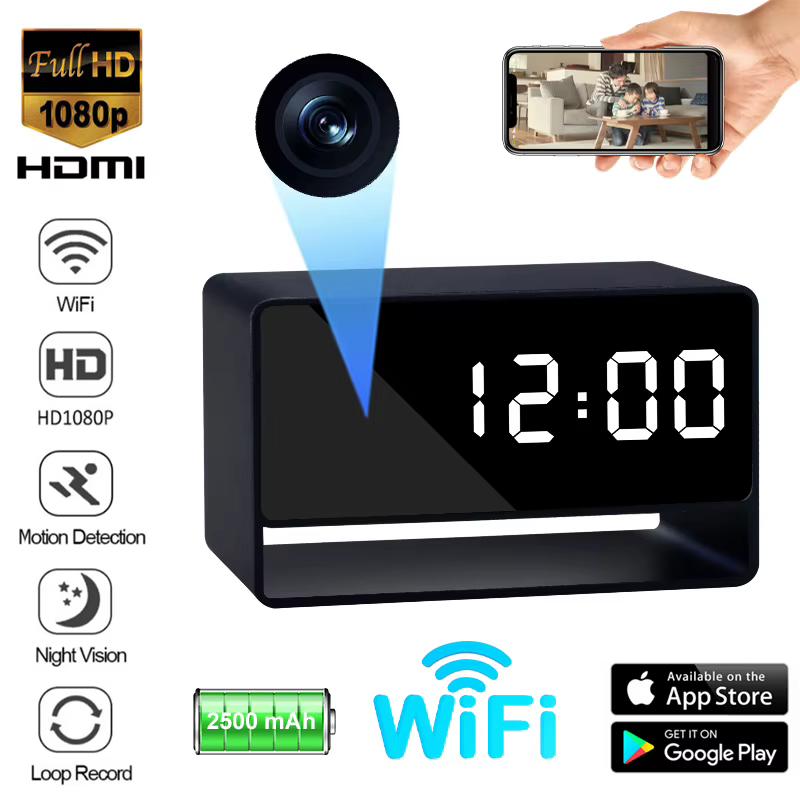 Câmera Mini Relógio de Alarme 1080p HD WiFi