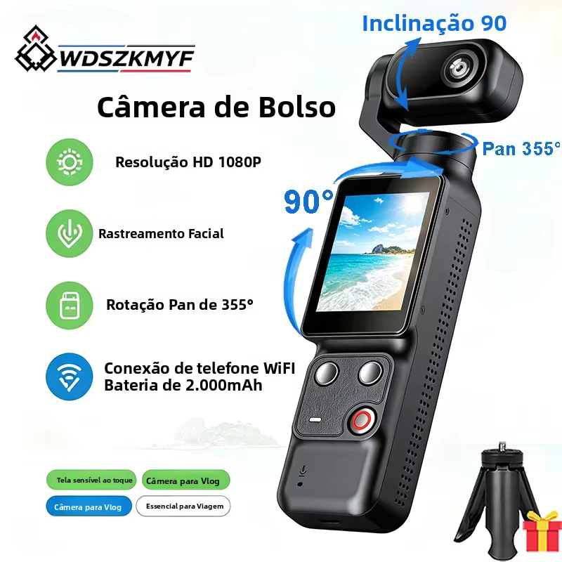 Câmera de Ação Portátil 1080P com Rastreamento Facial