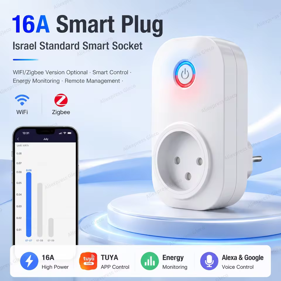 Tomada Inteligente Tuya Wifi 16A com Zigbee e Medidor de Energia