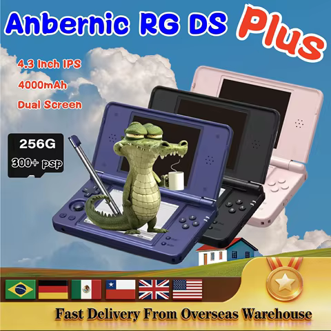 Console de Jogo Portátil Retro Anbernic RG DS Plus 4.3 Polegadas IPS 1GB RAM RK3568 Tela Dupla Jogo PSP Linux WiFi Bluetooth 4000mAh