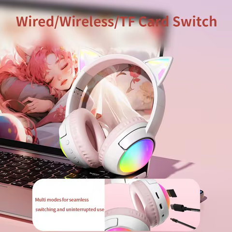 Fone Bluetooth Gato Rosa RGB