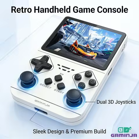 GAMINJA Novo Console de Videogame Retro Portátil de Código Aberto com Emulador de Cartão de 64GB Integrado para PS1/PSP/DC/N64/SS Tela IPS de 3,5 Polegadas