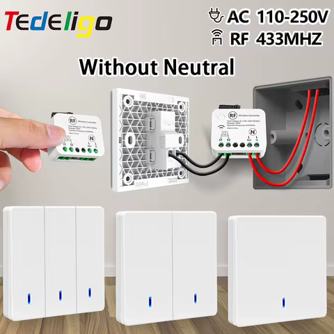 Interruptor de Luz Sem Fio 433MHz Sem Neutro Necessário, Painel de Parede 1/2/3 Gangue com Controle Remoto, Receptor de Relé AC110/220V para Ventilador e Luz LED