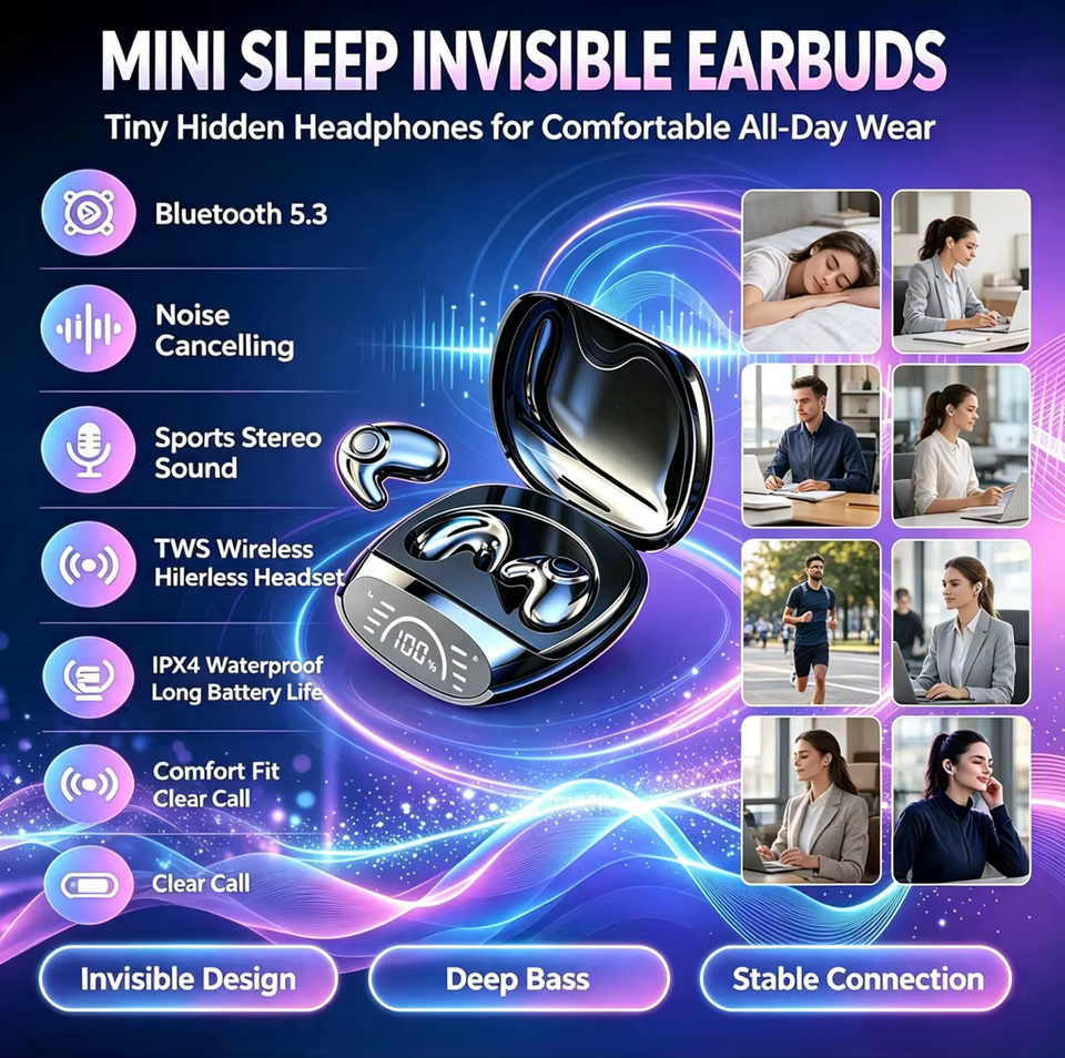 Fones Bluetooth 5.3 Invisíveis para Dormir