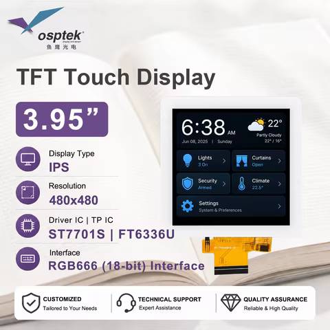 Tela LCD TFT Redonda de 3,95 Polegadas 480x480 RGB 18BIT SPI Touch Screen ST7701S FT6336U com Vidro de Cobertura Branco para Raspberry Pi A