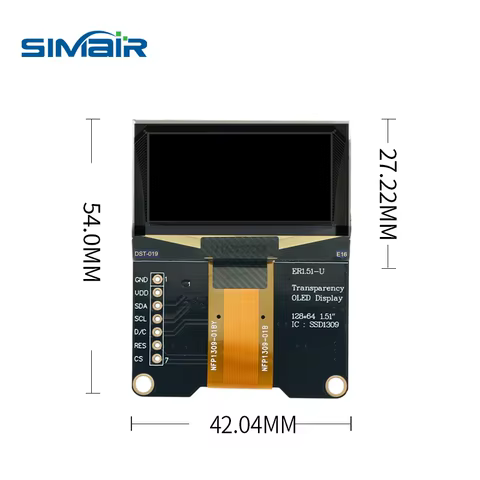 Módulo de Display OLED 1.51-U 128x56 SSD1309 com Interface 4-SPI I2C -40 ° C~+80 ° Tela LCD Industrial Azul Claro com Visualização em Todos os Ângulos