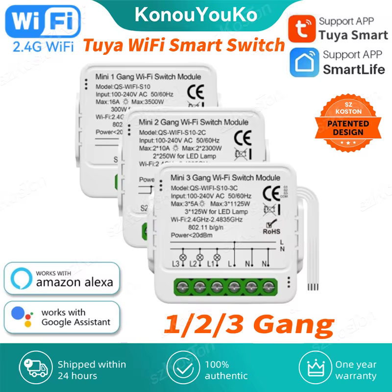 Interruptor Inteligente Wi-Fi Tuya 1/2/3 Gang